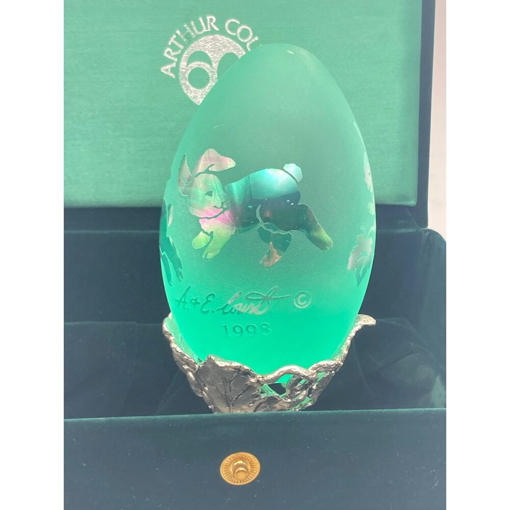 VTG Arthur Court 1998 Iridescent Bunny Green Egg Limited Edition w/ Stand Case